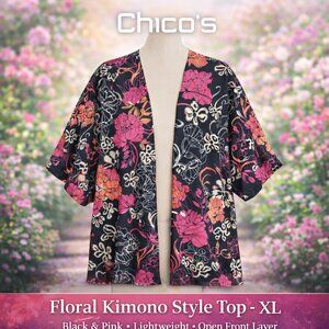Chico’s Floral Kimono Style Top XL Black Pink Lightweight Open Front Layer NWT